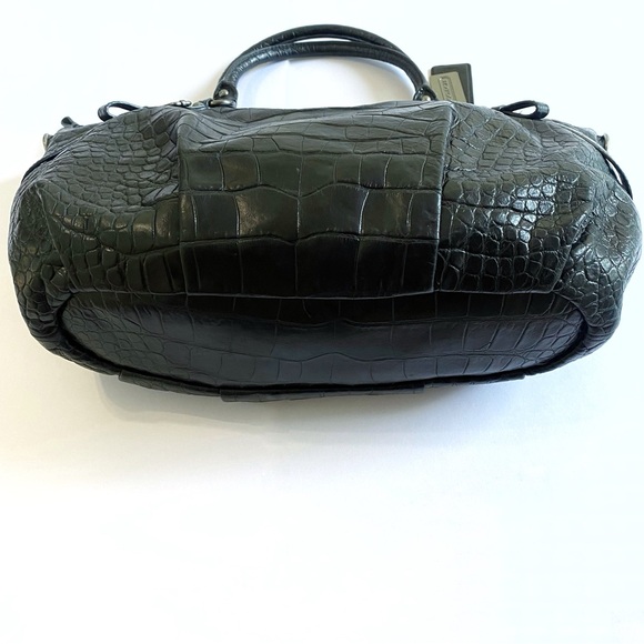 COACH BLACK CROC PRINT LEATHER ZIP CLOSURE TOP HANDLE SILVER BUCKLE PURSE BAG - Picture 5 of 12